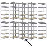 Zehn graue Q-Rax Metallregale mit Holzregalen, 90cm x 50cm x 180cm, stabil und vielseitig einsetzbar, ideal für Lagerung und Organisation