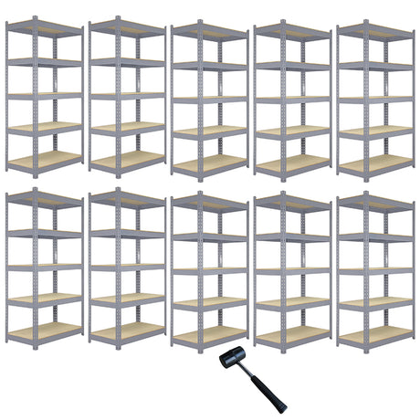 Zehn graue Q-Rax Metallregale mit Holzregalen, 90cm x 50cm x 180cm, stabil und vielseitig einsetzbar, ideal für Lagerung und Organisation