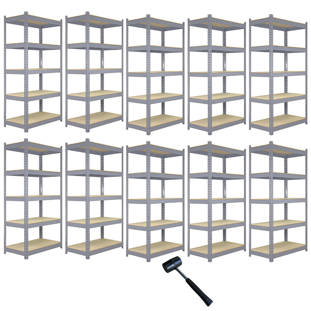 Zehn graue Q-Rax Metallregale mit Holzregalen, 90cm x 50cm x 180cm, stabil und vielseitig einsetzbar, ideal für Lagerung und Organisation