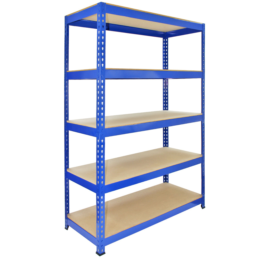 Blaues Q-Rax Lagerregal mit fünf stabilen Regalböden aus Holz, Maße 120 x 50 x 180 cm, ideal für Lagerung und Organisation