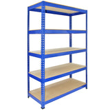 Blaues Q-Rax Lagerregal mit fünf stabilen Regalböden aus Holz, Maße 120 x 50 x 180 cm, ideal für die Lagerung von Werkzeugen und Materialien