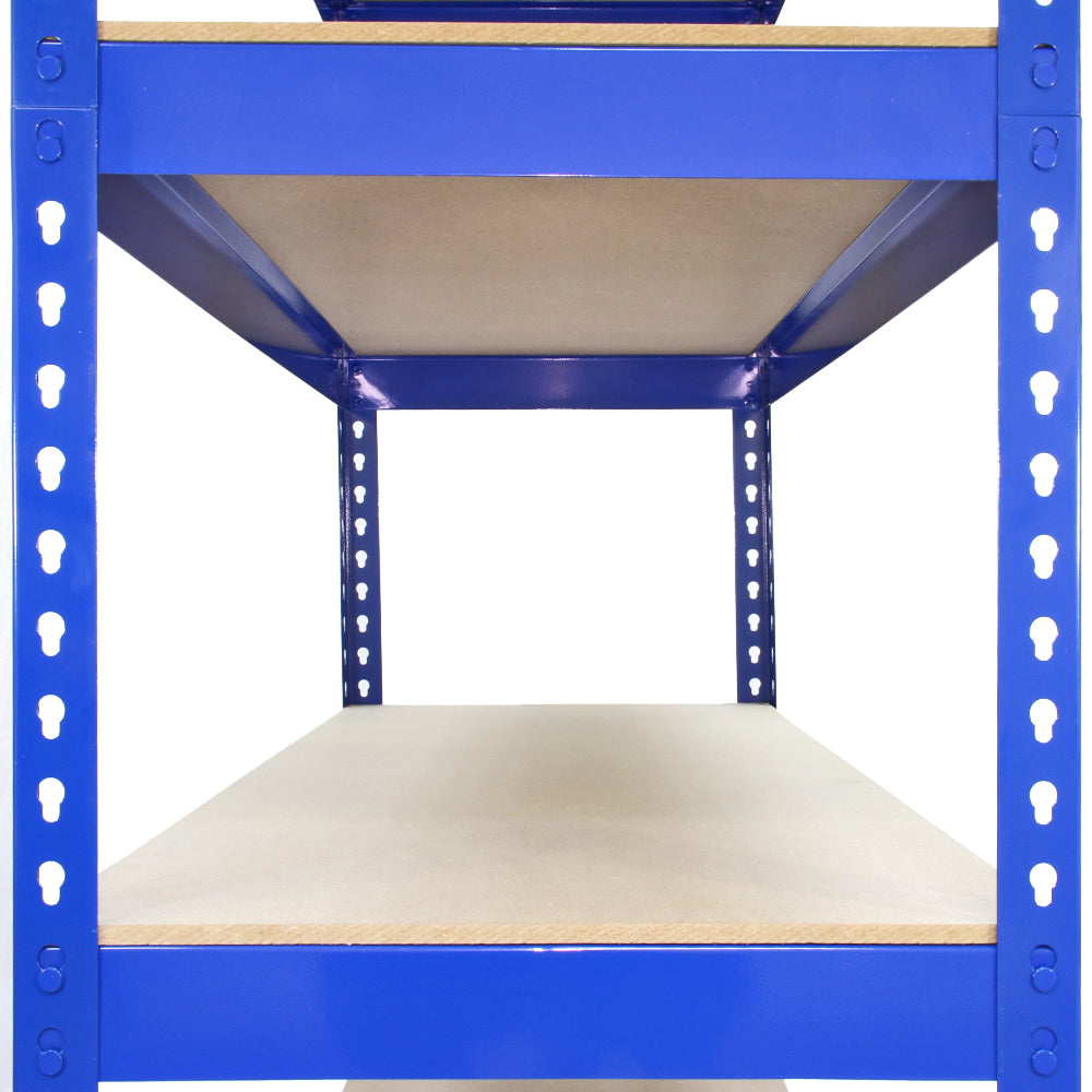 Blaues Q-Rax Lagerregal mit drei stabilen Regalböden aus Holz, ideal für die Aufbewahrung von Werkzeugen und Haushaltsgegenständen, 120 x 50 x 180 cm