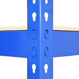 Blaues Q-Rax Lagerregal mit stabilen Metallstreben, Holzregalen und präzisen Löchern zur einfachen Montage, ideal für effiziente Lagerung