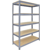 Hochwertiges graues Lagerregal mit fünf stabilen Regalböden, aus robustem Metall und MDF, ideal für die Aufbewahrung von Werkzeugen und Materialien