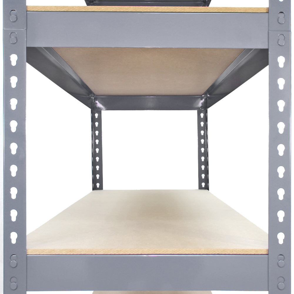 Graues Q-Rax Lagerregal mit zwei stabilen Regalböden aus Holz, ideal für die Lagerung von Werkzeugen und anderen Gegenständen, 180cm hoch, 120cm lang, 50cm breit