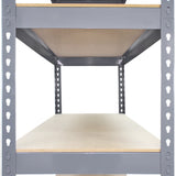 Graues Q-Rax Lagerregal mit zwei stabilen Regalböden aus Holz, ideal für die Lagerung von Werkzeugen und anderen Gegenständen, 180cm hoch, 120cm lang, 50cm breit