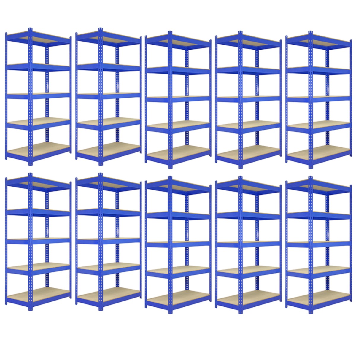 Zehn blaue T-Rax Lagerregale mit Holzregalen, jeweils 120cm x 45cm x 180cm, stabil und ideal für die Lagerung von verschiedenen Gegenständen