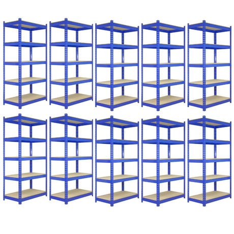 Zehn blaue T-Rax Lagerregale mit Holzregalen, jeweils 120cm x 45cm x 180cm, stabil und ideal für die Lagerung von verschiedenen Gegenständen