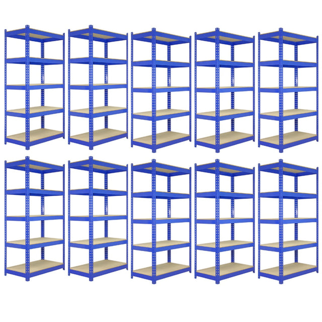 Zehn blaue T-Rax Lagerregale mit Holzregalen, jeweils 120cm x 45cm x 180cm, stabil und ideal für die Lagerung von verschiedenen Gegenständen