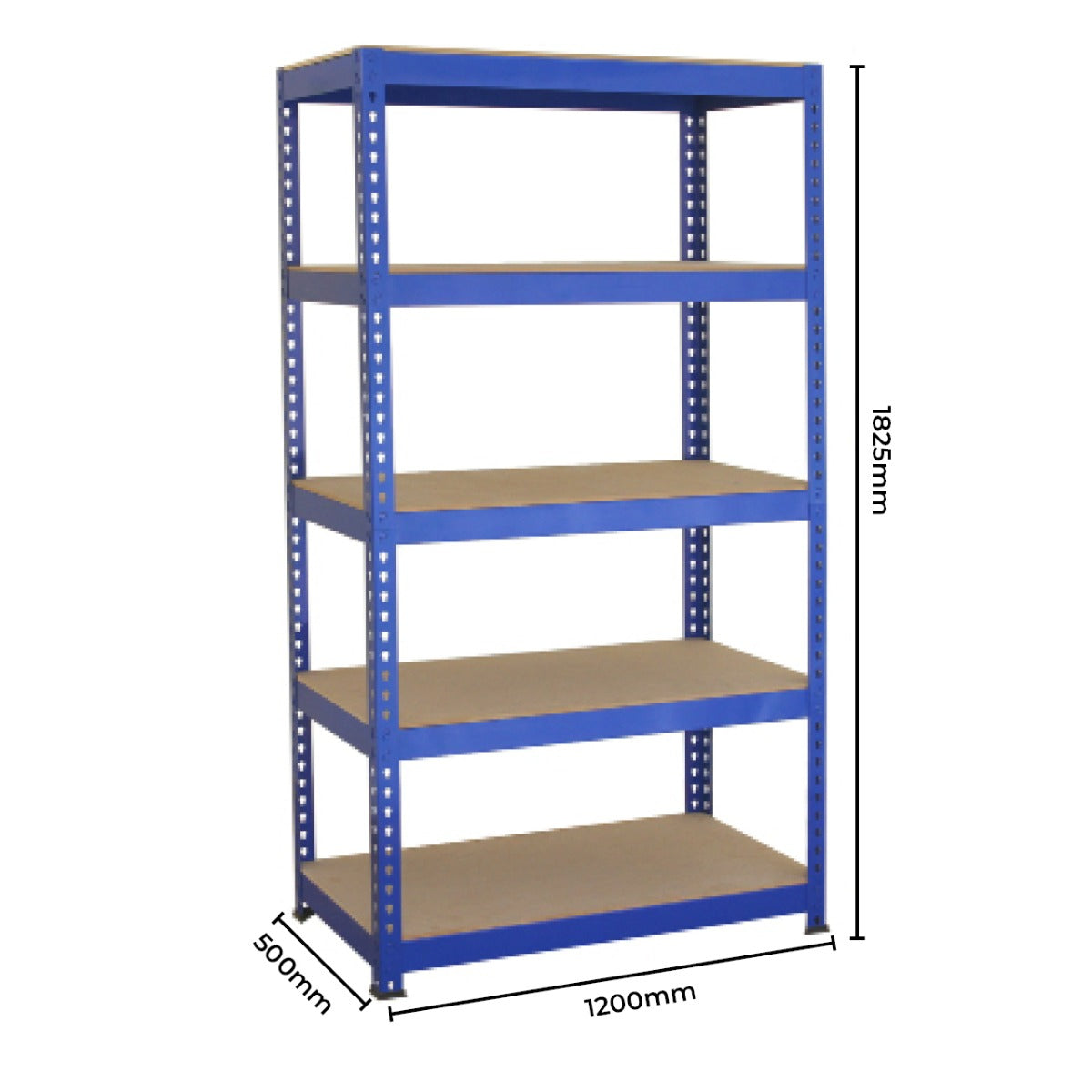 Blaues T-Rax Lagerregal mit fünf stabilen Regalböden, Maße 120cm x 45cm x 180cm, ideal für die Aufbewahrung von Werkzeugen und Materialien