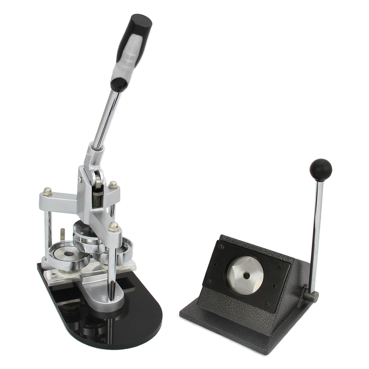 Hochwertiges PixMax Buttonmaschinen Set mit silbernem Metallrahmen, schwarzer Basis und präzisen Hebeln für das Herstellen von individuellen Buttons