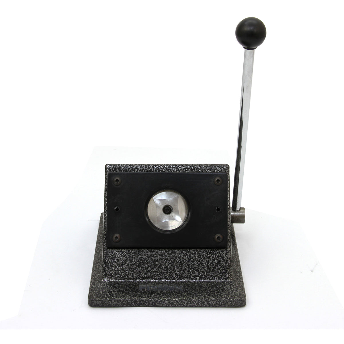 Schwarze, robuste Buttonmaschine mit glänzendem Metallhebel und rutschfester Basis, ideal für das Erstellen von individuellen Buttons