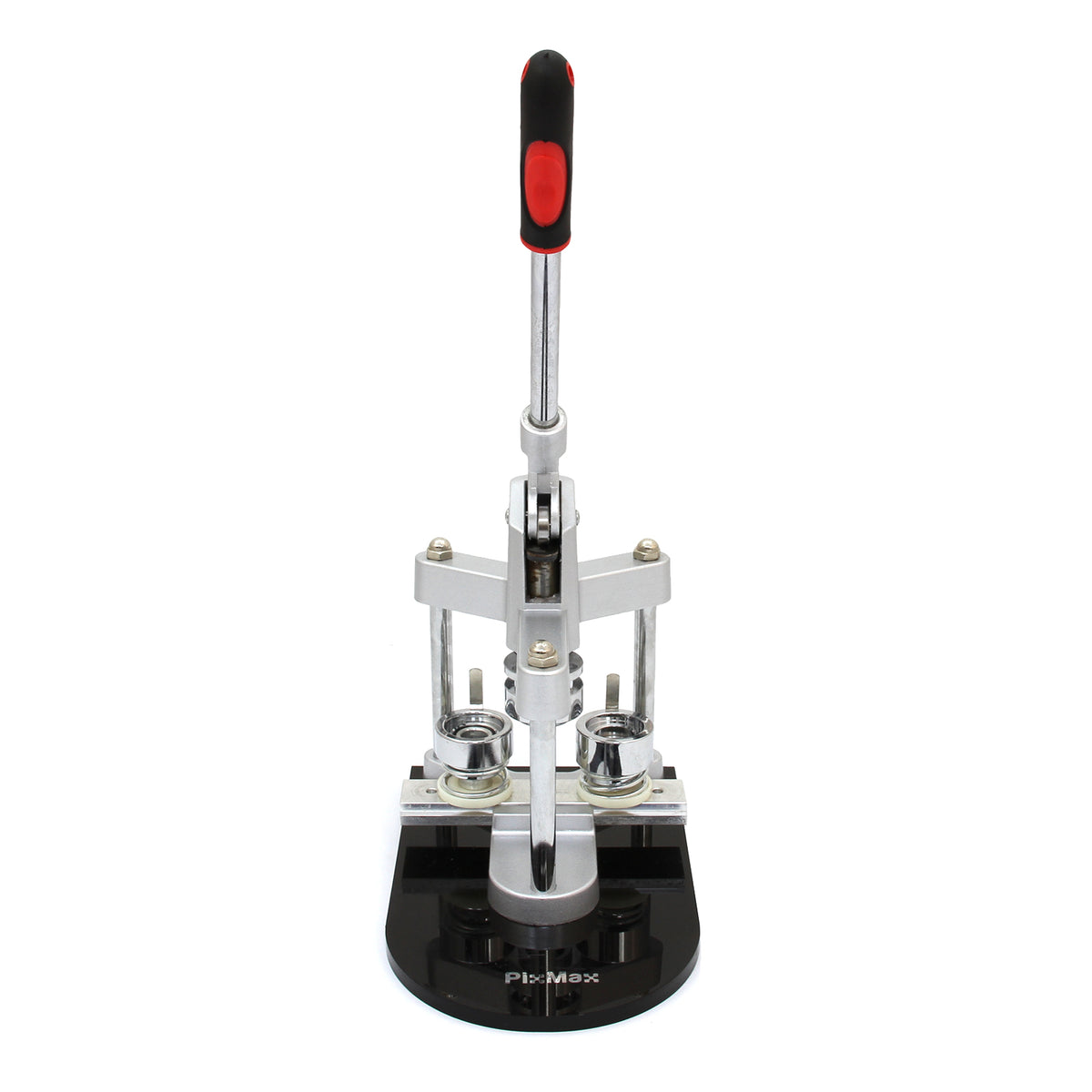 Hochwertige PixMax Buttonmaschine mit silbernem Metallrahmen, schwarzem Kunststoffsockel und rotem Griff, ideal für das Herstellen von individuellen Buttons