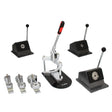 Das PixMax Buttonmaschinen Set umfasst eine robuste Druckmaschine mit ergonomischem Griff, verschiedene Stempel und eine stabile Basis in Schwarz und Silber