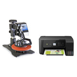 PixMax Teller Transferpresse mit rotem Druckpad und digitalem Display neben einem schwarzen Epson Drucker, ideal für Sublimationsdrucke