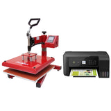 Rote PixMax 38cm Schwing Transferpresse mit digitalem Display und schwarzem Drucker, ideal für Textildruck und kreative Projekte