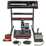 PixMax Kombi 5-in-1 Schwingpresse und Schneideplotter in Schwarz und Rot, mit verschiedenen Zubehörteilen und einem stabilen Gestell für vielseitige Anwendungen