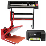 Rot-schwarze Transferpresse mit einer 38 cm großen Heizplatte, daneben ein 72 cm Schneideplotter und ein Epson Drucker in modernem Design