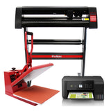 Transferpresse in Rot mit großer Heizplatte, Schneideplotter in Schwarz und rotem Gestell, Epson Drucker in Schwarz, ideal für kreative Projekte