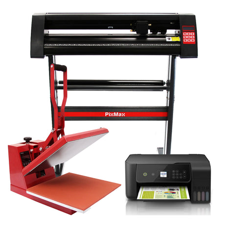 Transferpresse in Rot mit großer Heizplatte, Schneideplotter in Schwarz und rotem Gestell, Epson Drucker in Schwarz, ideal für kreative Projekte