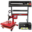 Rot-schwarze PixMax Transferpresse mit digitalem Display, daneben ein Vinyl Schneideplotter und ein kompakter Drucker auf einem weißen Hintergrund