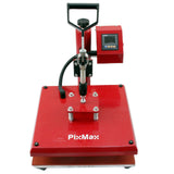Rote PixMax Transferpresse mit stabiler Basis, digitalem Display und Griff, ideal für das Übertragen von Designs auf Textilien und Materialien