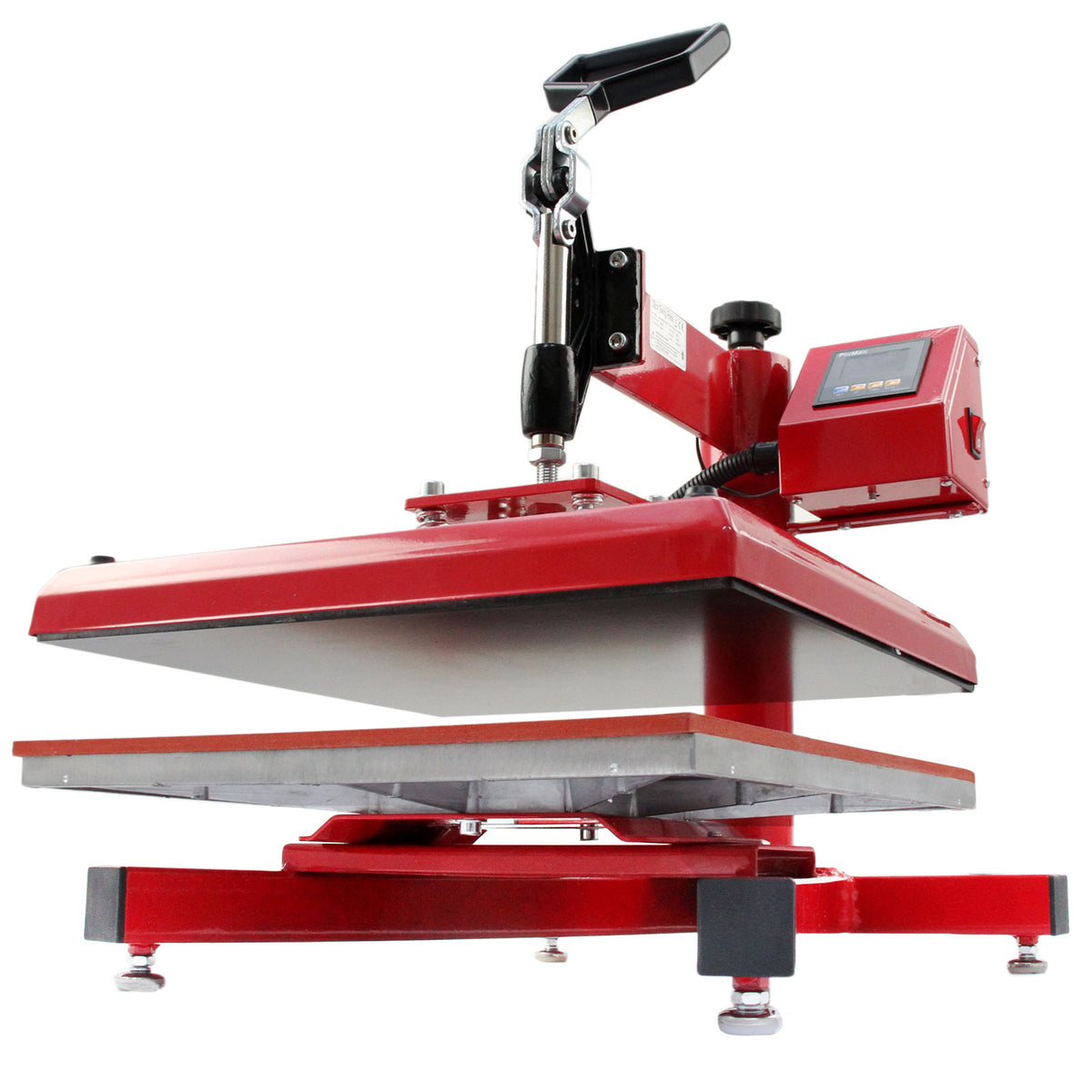 Die PixMax 38cm Transferpresse in leuchtendem Rot mit stabiler Metallbasis, digitalem Display und ergonomischem Griff für präzises Arbeiten