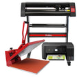 Transferpresse in Rot, Vinyl Schneideplotter mit schwarzem Gehäuse und Epson Drucker, ideal für kreative Projekte und personalisierte Designs