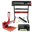Rot-schwarze Transferpresse, Vinyl-Schneideplotter und Epson Drucker im Set, ideal für kreative Projekte, mit Zubehör wie Folien und Klebeband