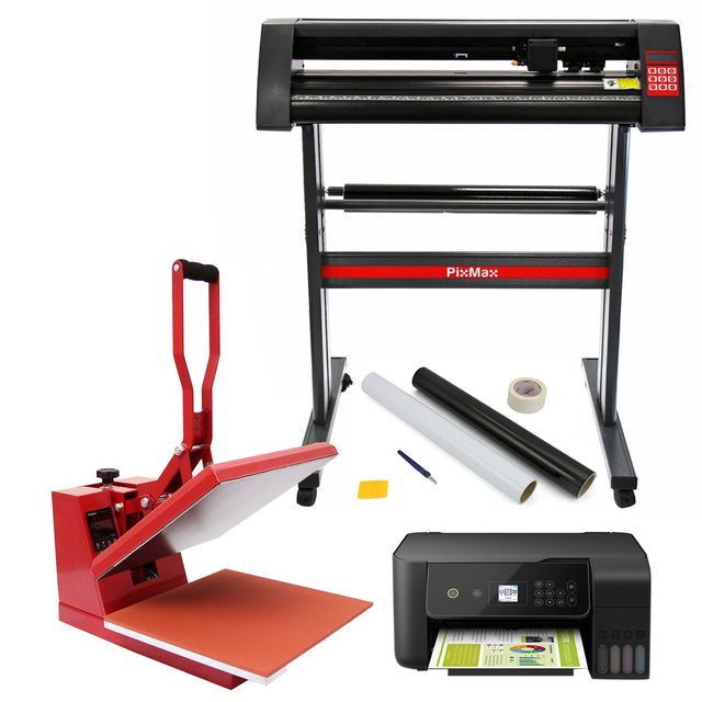 Rot-schwarze Transferpresse, Vinyl-Schneideplotter und Epson Drucker im Set, ideal für kreative Projekte, mit Zubehör wie Folien und Klebeband