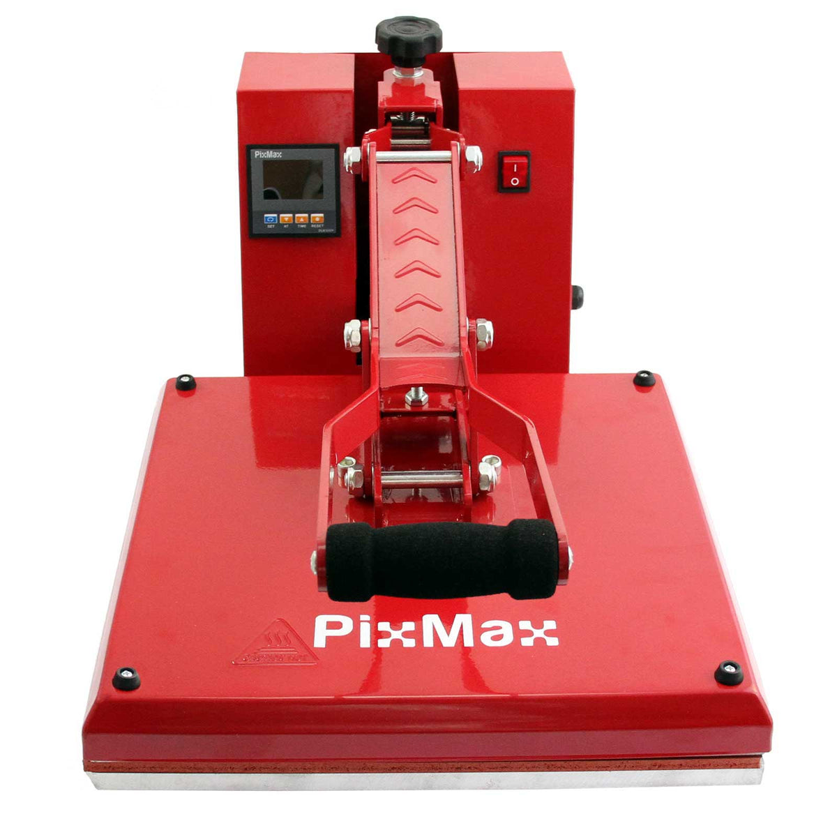 Rote PixMax Transferpresse mit schwarzem Griff und digitalem Display, ideal für Textildruck und kreative Projekte, robust und benutzerfreundlich