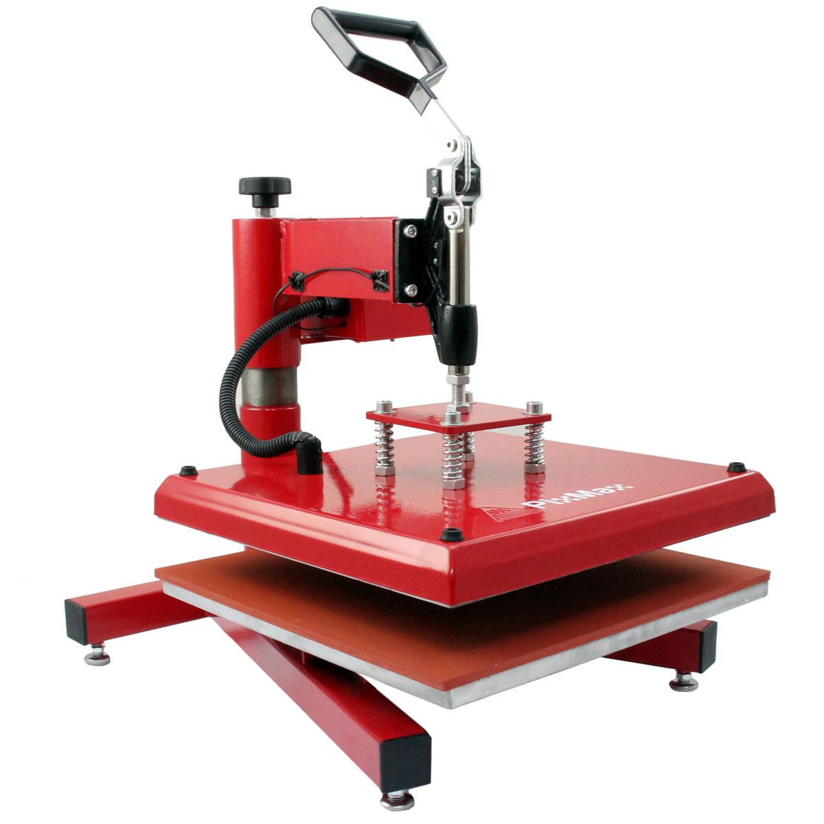 Rote PixMax Transferpresse mit stabiler Basis, Druckhebel und Heizplatte, ideal für das Übertragen von Designs auf Textilien und Materialien