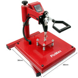 Rote PixMax Transferpresse mit digitalem Display, stabiler Basis und ergonomischem Griff, ideal für das Bedrucken von Textilien und Materialien
