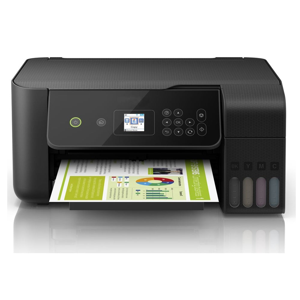 Schwarzer Multifunktionsdrucker mit Bedienfeld, der ein farbiges Dokument ausgibt, darunter Grafiken und Diagramme auf glänzendem Papier