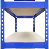 Blaues T-RAX Lagerregal mit zwei Regalböden aus Holz, stabiler Metallrahmen, ideal für die Aufbewahrung von Werkzeugen und Materialien