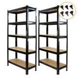 Schwarzes T-RAX Lagerregal-Set mit zwei Regalen, jeweils 75cm x 150cm x 30cm, ausgestattet mit stabilen, braunen Regalböden und kostenlosen Verbindungsstücken