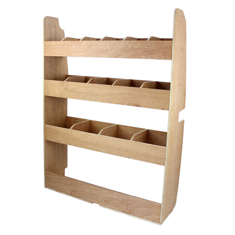 Hochwertiges Fahrzeugregal aus hellem Holz mit drei Regalen und mehreren Fächern, ideal für die Organisation im Ford Transit