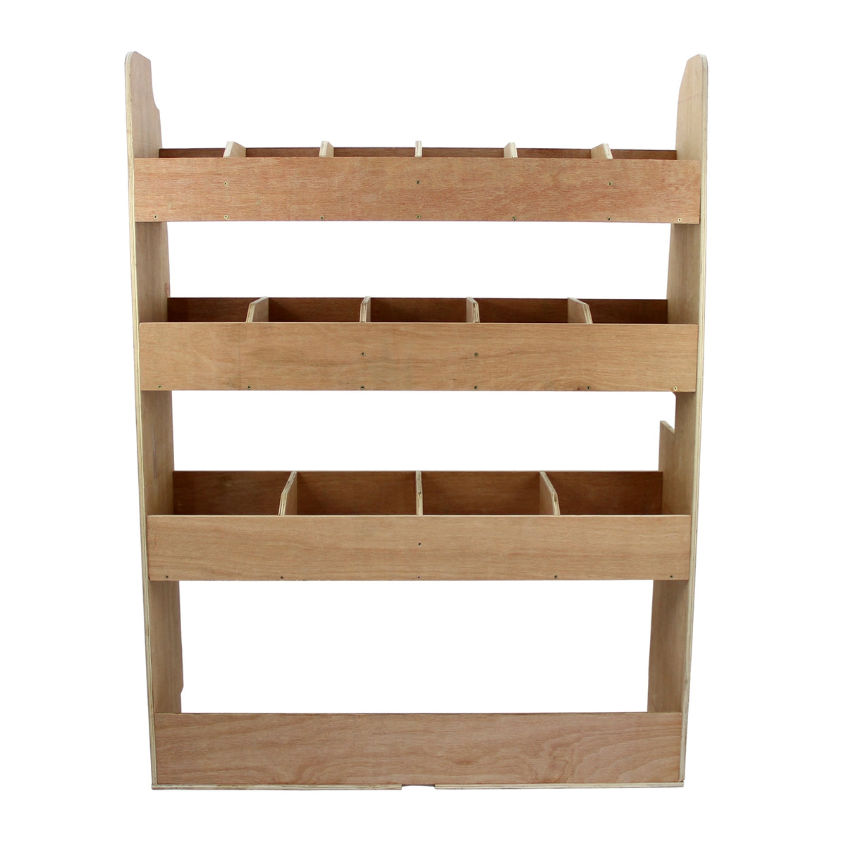 Fahrzeugregal aus hellem Holz mit mehreren offenen Fächern, ideal zur Aufbewahrung von Werkzeugen und Zubehör, robust und funktional