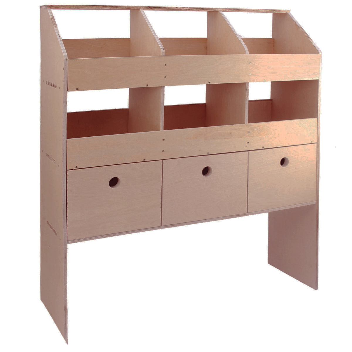 Universelles Auto-Regal von Monster Racking aus hellem Holz, mit drei Schubladen und offenen Fächern für optimale Aufbewahrung und Organisation