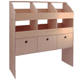 Universelles Auto-Regal von Monster Racking aus hellem Holz, mit drei Schubladen und offenen Fächern für optimale Aufbewahrung und Organisation