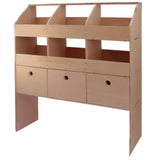 Universelles Auto-Regal aus hellem Holz mit drei Schubladen und vier offenen Fächern, ideal für die Aufbewahrung von Werkzeugen und Zubehör