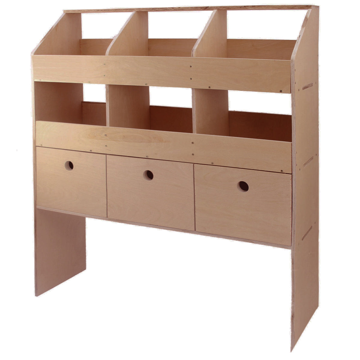 Universelles Auto-Regal aus hellem Holz mit fünf offenen Fächern und drei Schubladen, ideal für die Aufbewahrung von Werkzeugen und Zubehör
