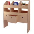 Universelles Auto-Regal aus hellem Holz mit offenen Fächern, Schubladen und Werkzeugen, ideal für die Aufbewahrung und Organisation von Materialien