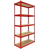 Rotes Lagerregal-Set mit vier Regalen und einem 90 cm Eckregal, stabiler Metallrahmen, robuste Holzregalböden, ideal für Lagerung und Organisation