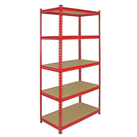 Hochwertiges rotes Lagerregal mit fünf stabilen Regalböden aus braunem Holzwerkstoff, ideal für die Aufbewahrung von Werkzeugen und Materialien