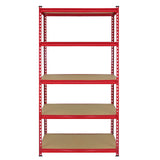 Hochregal in leuchtendem Rot mit fünf stabilen, braunen Regalböden aus Holz, ideal für Lagerung und Organisation in Werkstätten oder Garagen
