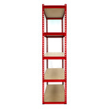 Hochregal in Rot mit fünf stabilen, braunen Ablagen, ideal für Lagerung und Organisation, aus robustem Metall gefertigt, modernes Design