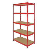Robustes rotes Lagerregal von Monster Racking mit fünf stabilen Regalböden aus Holz und einem modernen, industriellen Design für effiziente Aufbewahrung
