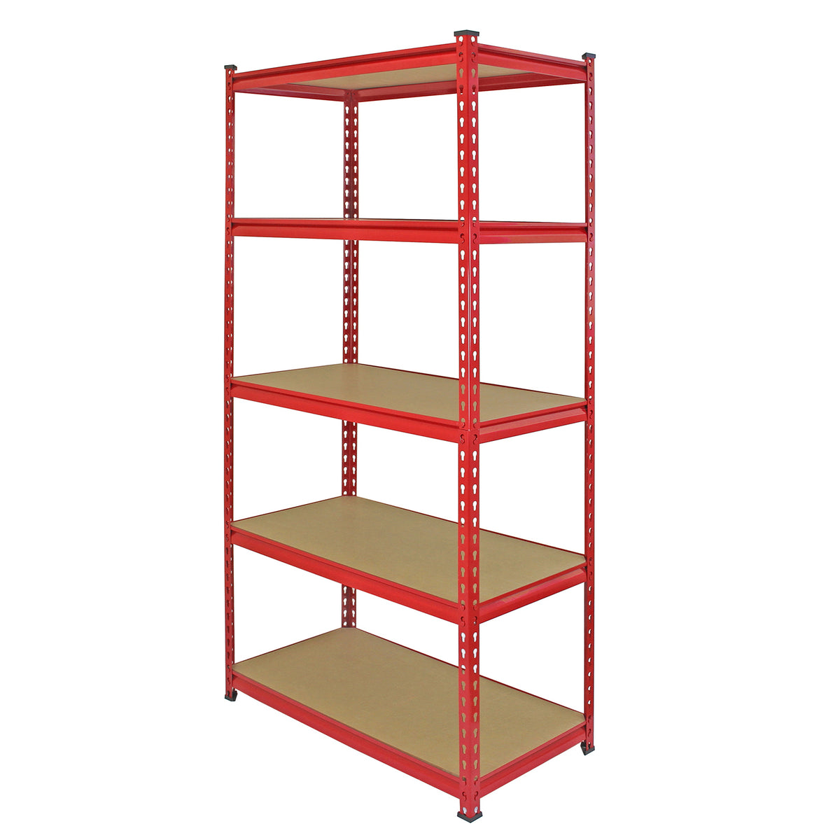 Rotes 90 cm hohes Lagerregal mit fünf stabilen Regalböden aus Holzfaserplatte, ideal für die Aufbewahrung von Werkzeugen und Materialien