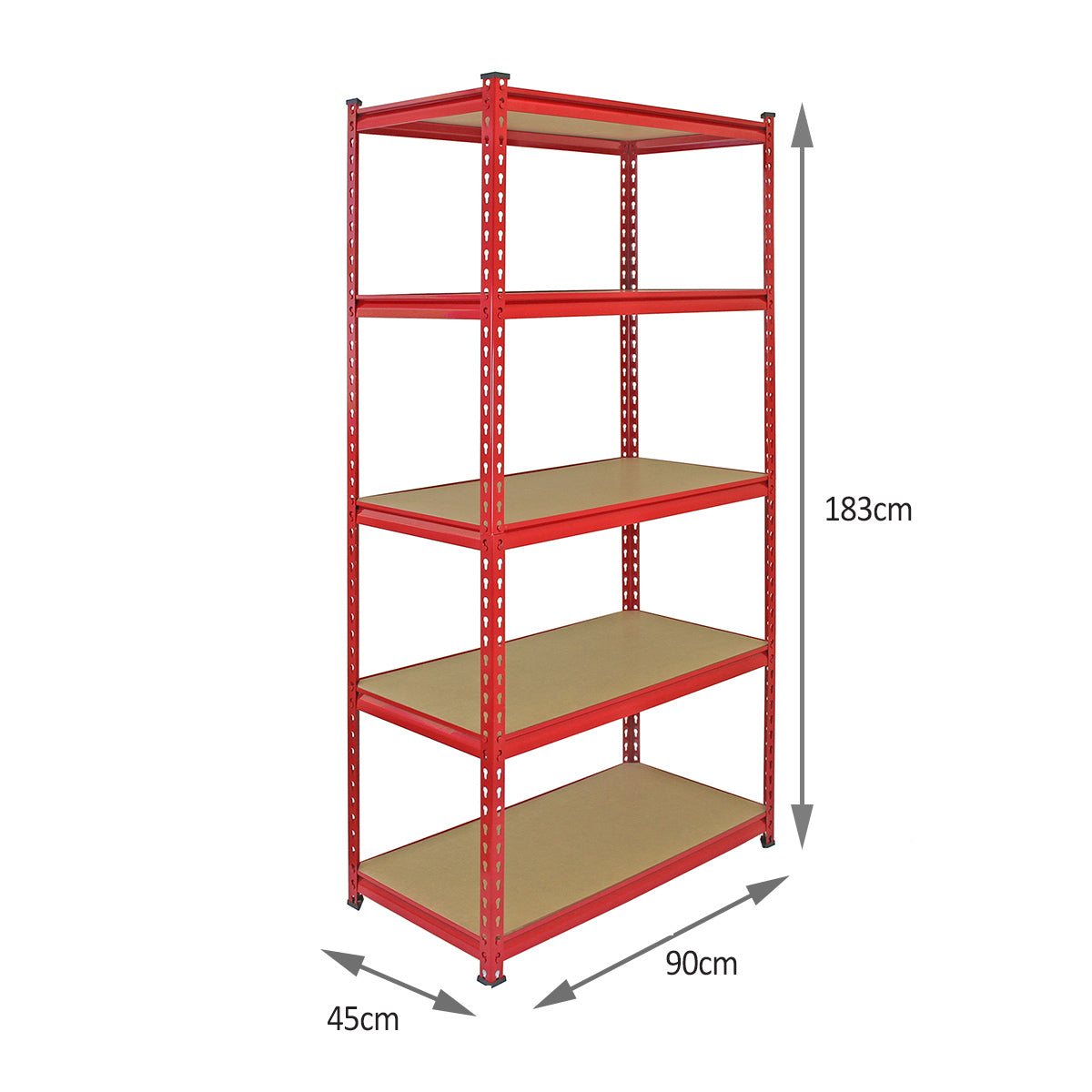 Hochregal in leuchtendem Rot mit fünf stabilen Regalböden aus MDF, misst 183 cm Höhe, 90 cm Breite und 45 cm Tiefe, ideal für Lagerung und Organisation